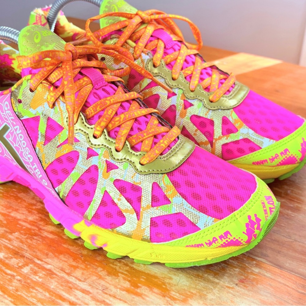 Asics Women's Neon Pink Yellow Green Running Shoes - Picture 10 of 16